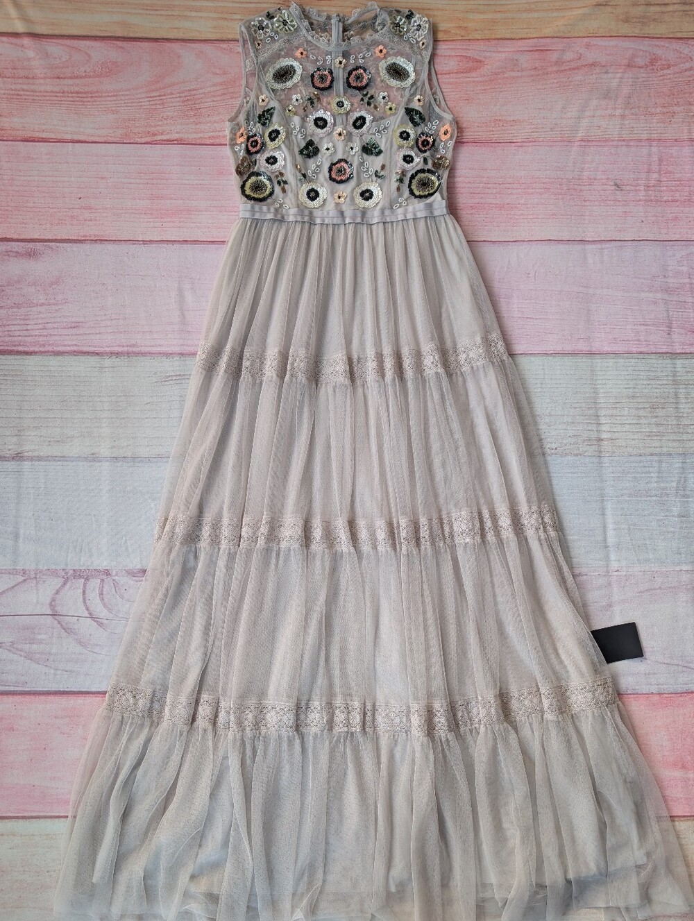 Needle & Thread Gray Beaded Tiered Woodland Gown 10US Embellished Tulle Maxi